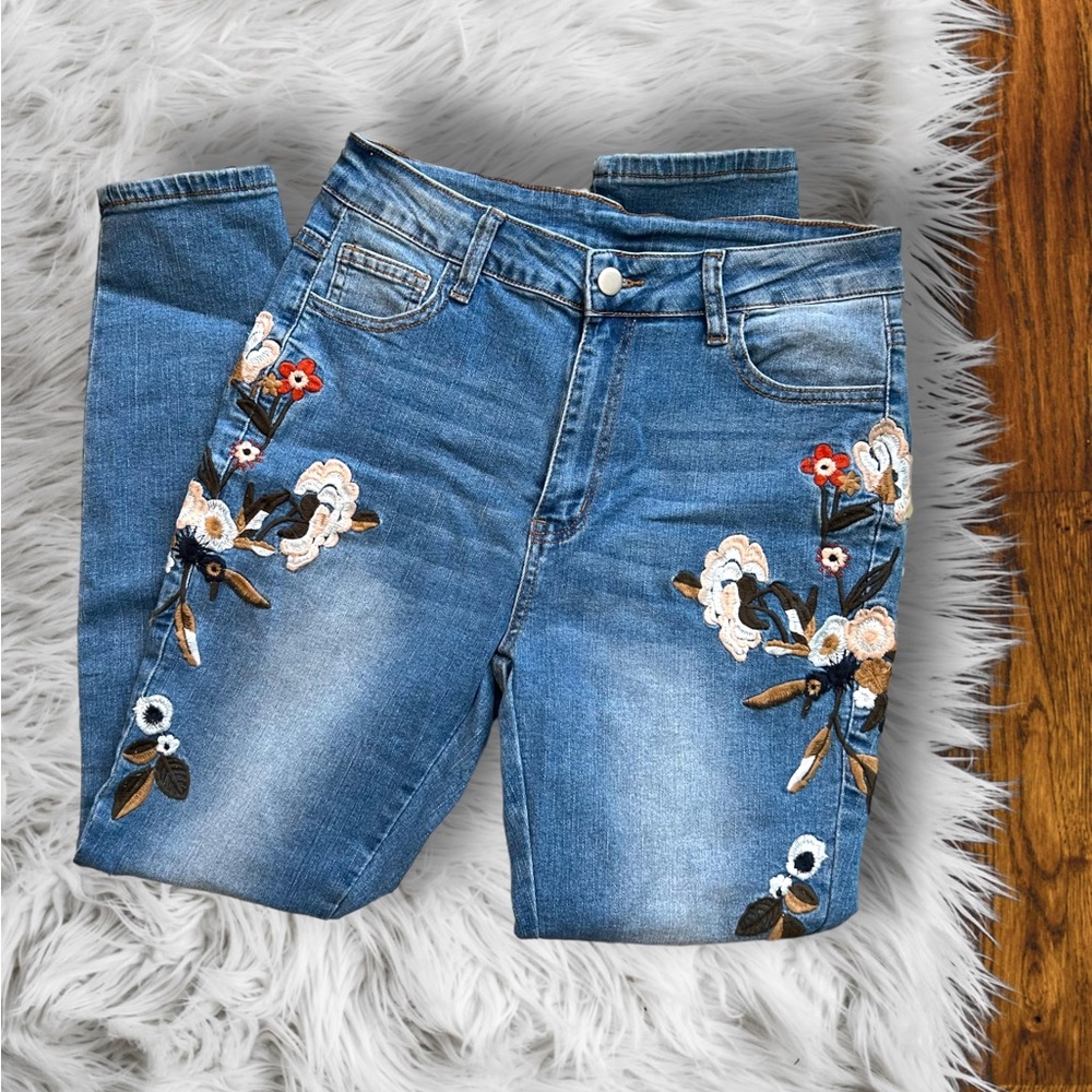 Women’s blue jegging skinny jeans floral embroidery
